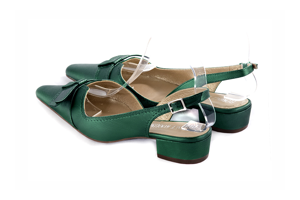 Women's emerald green slingback dress shoes, with a knot on the front. Tapered toe. Low block heels - Rear view